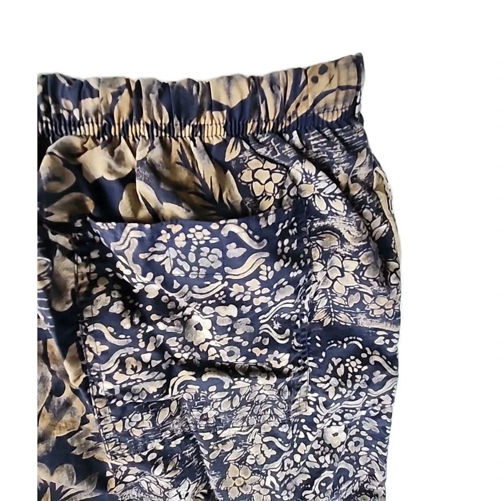 Vintage Nautica Men's Large Swim Trunks Dark Blue & Tan Hawaiian Print Nylon EUC
